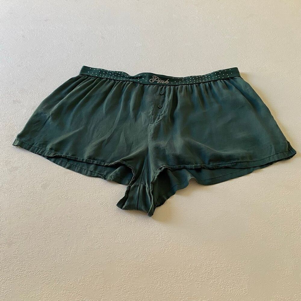 Victoria’s Secret PINK Satin Pajama Shorts Green XL | Rhinestone Logo